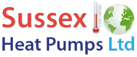 Sussex Heat Pumps Ltd logo in red and blue with thermometer and globe icon