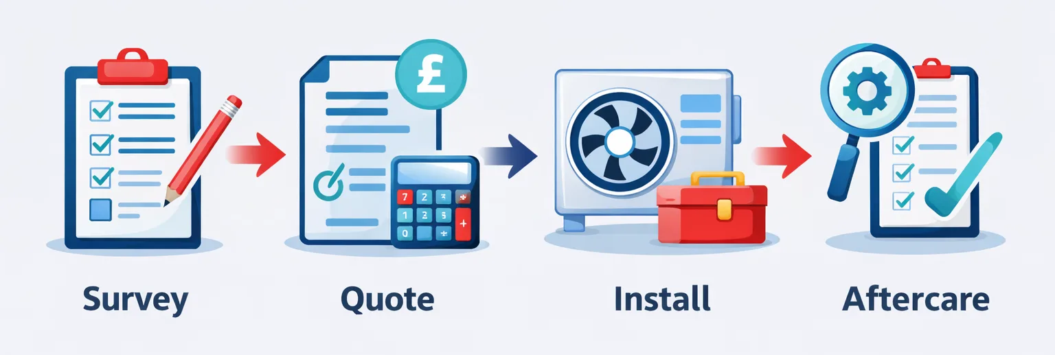 Infographic showing four-step heat pump process: Survey, Quote, Install and Aftercare icons